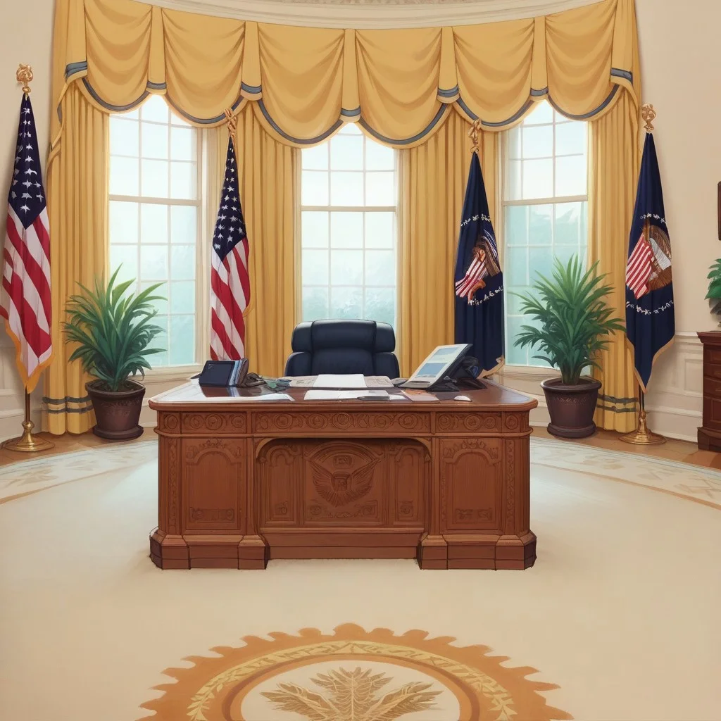 score_8, score_8_up, score_7_up, score_6_up, source_anime, official art, screencap, BREAK, 1other, solo, grey alien, alien, grin, smile, large eyes, black eyes, behind desk, sitting BREAK white house, oval_office, resolute_desk, curtains, window, windows, flag, plant, potted plant, indoors, carpet, flag, American flag