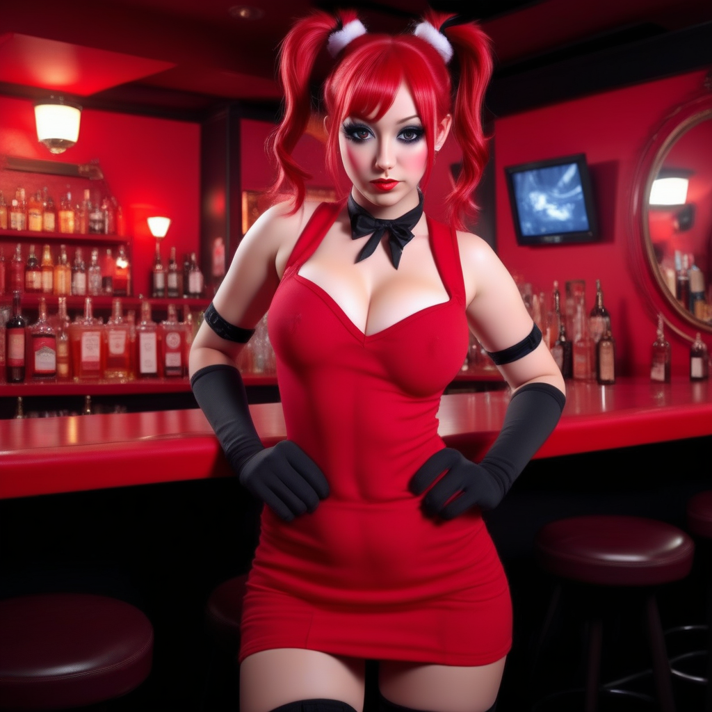 alcohol, bar (place), sleeveless, elbow gloves, pussy, makeup, twintails, hand on hip, pubic hair, fingerless gloves, realistic, hands on hips, formal, arm behind back, red theme, solo