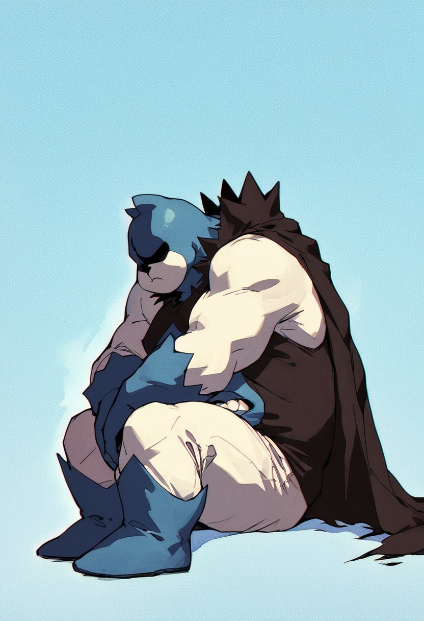 solo, full body, source_cartoon, score_9, score_8_up, score_7_up, , rating_safe, safe, (SFW), BREAK, 1boy, solo,( king of spades, spades (suit), male, belly, blue tongue, chubby, blue body, white body, crown, monster, belly mouth, belly, fangs, teeth,), BREAK, frown, abstract background, black_cape, (hidden eyes:1.4), (eyeless:1.3) BREAK,   (zPDXL3),  (retro artstyle, halftone effect), hands on belly, sleeping, side view, sitting, leaning foward,