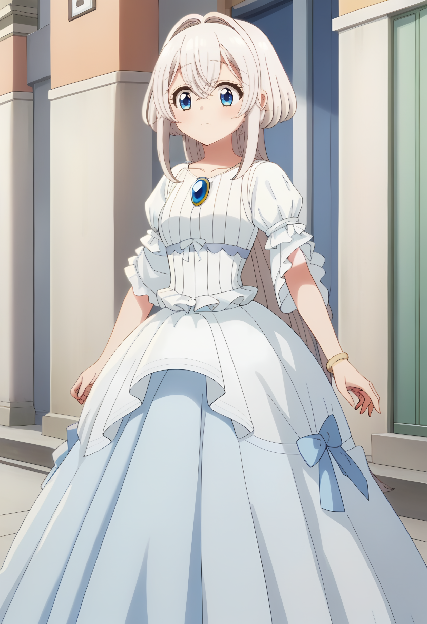 <lora:Towa:1> towa, long_hair, 1girl, white_hair, solo, blue_eyes, bangs, hair_between_eyes, <lora:princess_dress-PD-1.0:1>princess dress, score_9, score_8_up, score_7_up, , anime coloring ,BREAK source_anime, anime