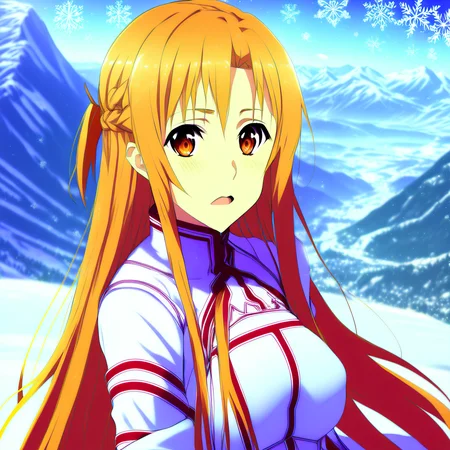 ((asuna)), ((masterpiece)), highres, asuna \(sao\), crown braid, light orange hair, looking at viewer, mountain, dutch-angle, snow, snowflakes