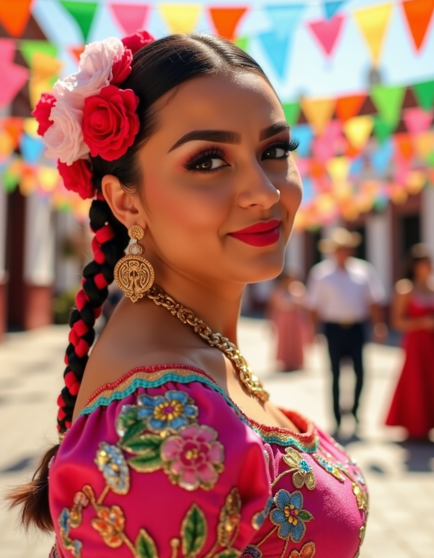 ch1n4p, traditional, mexican, dressed, embroidery, braided hair, hair laces, ultra quality, ultra detailed, ultra realistic, ultra lighting,  cinematic, a radiant Mexican woman dressed in a traditional China Poblana outfit, the shimmering sequins of her blouse catching the sunlight. Her hair is braided with colorful ribbons, adorned with bright flowers. She stands in a sun-drenched plaza surrounded by papel picado fluttering in the breeze, as the scent of street food fills the air. <lora:ChinaPoblana-fluxv1:1>