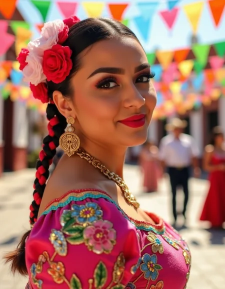 ch1n4p, traditional, mexican, dressed, embroidery, braided hair, hair laces, ultra quality, ultra detailed, ultra realistic, ultra lighting,  cinematic, a radiant Mexican woman dressed in a traditional China Poblana outfit, the shimmering sequins of her blouse catching the sunlight. Her hair is braided with colorful ribbons, adorned with bright flowers. She stands in a sun-drenched plaza surrounded by papel picado fluttering in the breeze, as the scent of street food fills the air. <lora:ChinaPoblana-fluxv1:1>