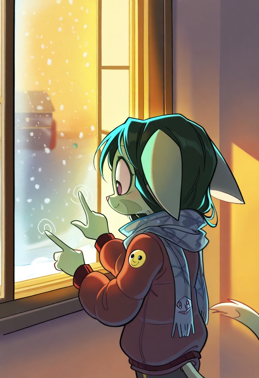 score_9, score_8_up, score_7_up,lilith_calah,
1girl,solo,furry,tail,dark green hair, source_furry,
 ,<lora:lilith_calah_illustrious:0.8>,
child, kid, 
window, foggy, winter, doodle, smiley face, warm lighting, scarf, indoors, cozy, (((finger drawing))), cute, soft shading
presses her finger against a fogged-up window, drawing a little smiley face. She grins as she adds more doodles, while the cold winter air outside contrasts with the warm, cozy lighting inside.