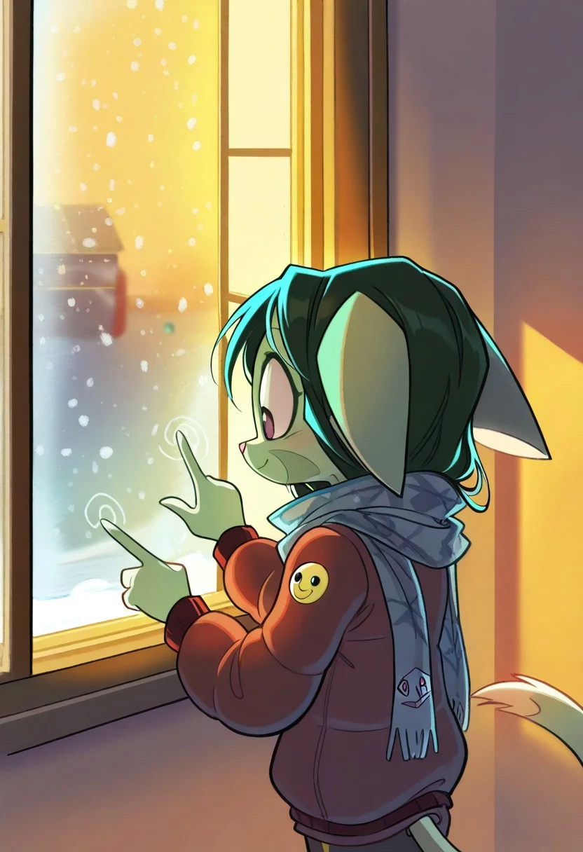 score_9, score_8_up, score_7_up,lilith_calah,
1girl,solo,furry,tail,dark green hair, source_furry,
,<lora:lilith_calah_illustrious:0.8>,
child, kid,
window, foggy, winter, doodle, smiley face, warm lighting, scarf, indoors, cozy, (((finger drawing))), cute, soft shading
presses her finger against a fogged-up window, drawing a little smiley face. She grins as she adds more doodles, while the cold winter air outside contrasts with the warm, cozy lighting inside.