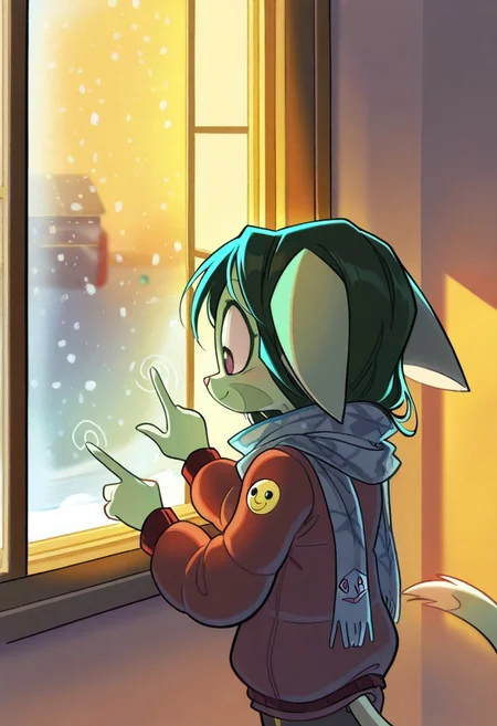 score_9, score_8_up, score_7_up,lilith_calah,
1girl,solo,furry,tail,dark green hair, source_furry,
,<lora:lilith_calah_illustrious:0.8>,
child, kid,
window, foggy, winter, doodle, smiley face, warm lighting, scarf, indoors, cozy, (((finger drawing))), cute, soft shading
presses her finger against a fogged-up window, drawing a little smiley face. She grins as she adds more doodles, while the cold winter air outside contrasts with the warm, cozy lighting inside.