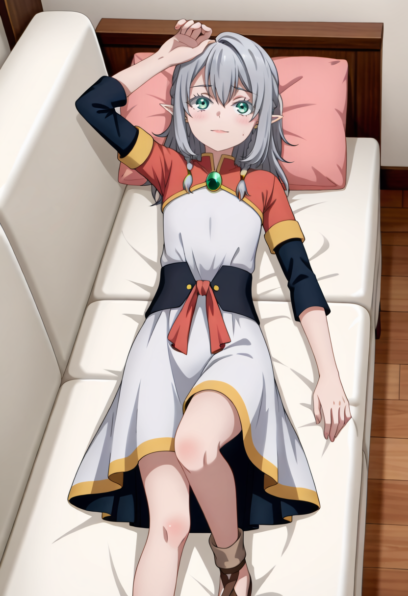 <lora:Young Tessia_IL:1>Young Tessia, 1girl, gray hair, pointed ears, elf, green eyes, white asymmetrical dress with yellow trim, red sash waist tie, black long-sleeve undershirt, green gem pendant necklace, white thigh-high socks, black crisscross strap shoes
 Churchyard with cherry blossom trees Relaxed recline: Lying on a sofa or bed with a serene expression. enraged