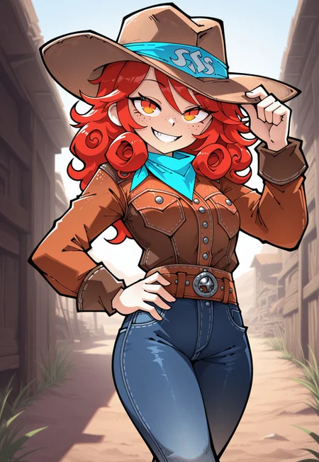 masterpiece, best quality, 1girl, solo, Funset, wearing Jedcwb, cowboy outfit, wide-brim hat, bandana, jeans, red hair, curly hair, freckles, orange eyes, outdoors, standing, crossed legs, hand on hip, adjusting hat, grin