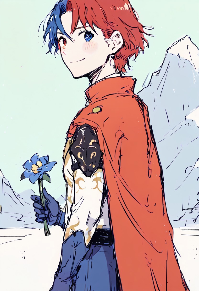 (score_9, score_8_up:1.1), score_7_up, high res image,masterpiece,best quality, clear skin,shiny hair,ultra detailed eyes, 1boy, solo, defAlearM, heterochromia, gloves, split-color hair, red hair, blue hair, cape, armor, holding flower, smile, blush, looking at viewer, Faded Headshot, faded bottom, faded edges, green field, mountains,