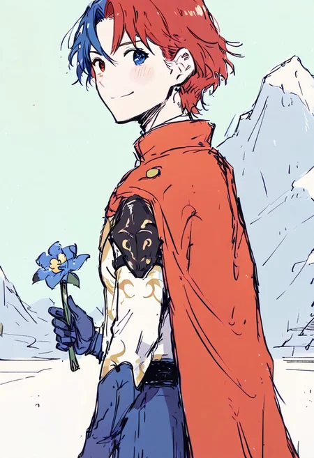 (score_9, score_8_up:1.1), score_7_up, high res image,masterpiece,best quality, clear skin,shiny hair,ultra detailed eyes, 1boy, solo, defAlearM, heterochromia, gloves, split-color hair, red hair, blue hair, cape, armor, holding flower, smile, blush, looking at viewer, Faded Headshot, faded bottom, faded edges, green field, mountains,