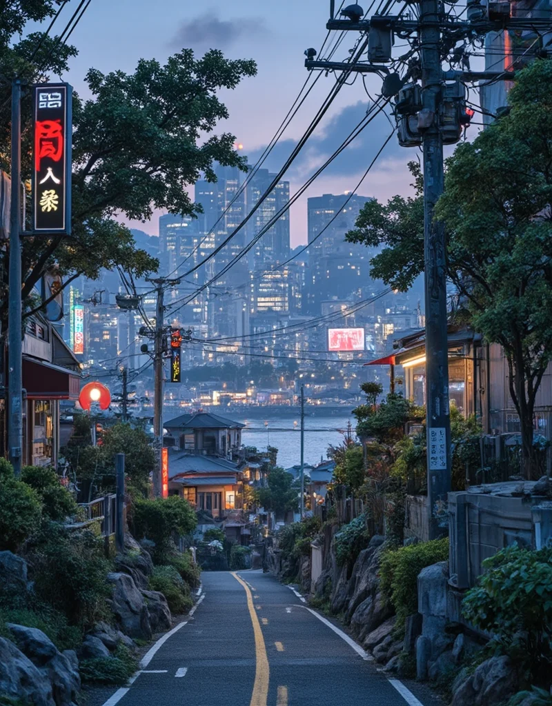 <lora:citybkgv2:1> citybkg, cyberpunk, evening, sun shades, very detailed, very narrow walkway, river, shore; futuristic, ground view, high buildings in the background, billboard on trees, signs, shop, kanji, illuminated, neon street marking, city lights, houses, vegetation,