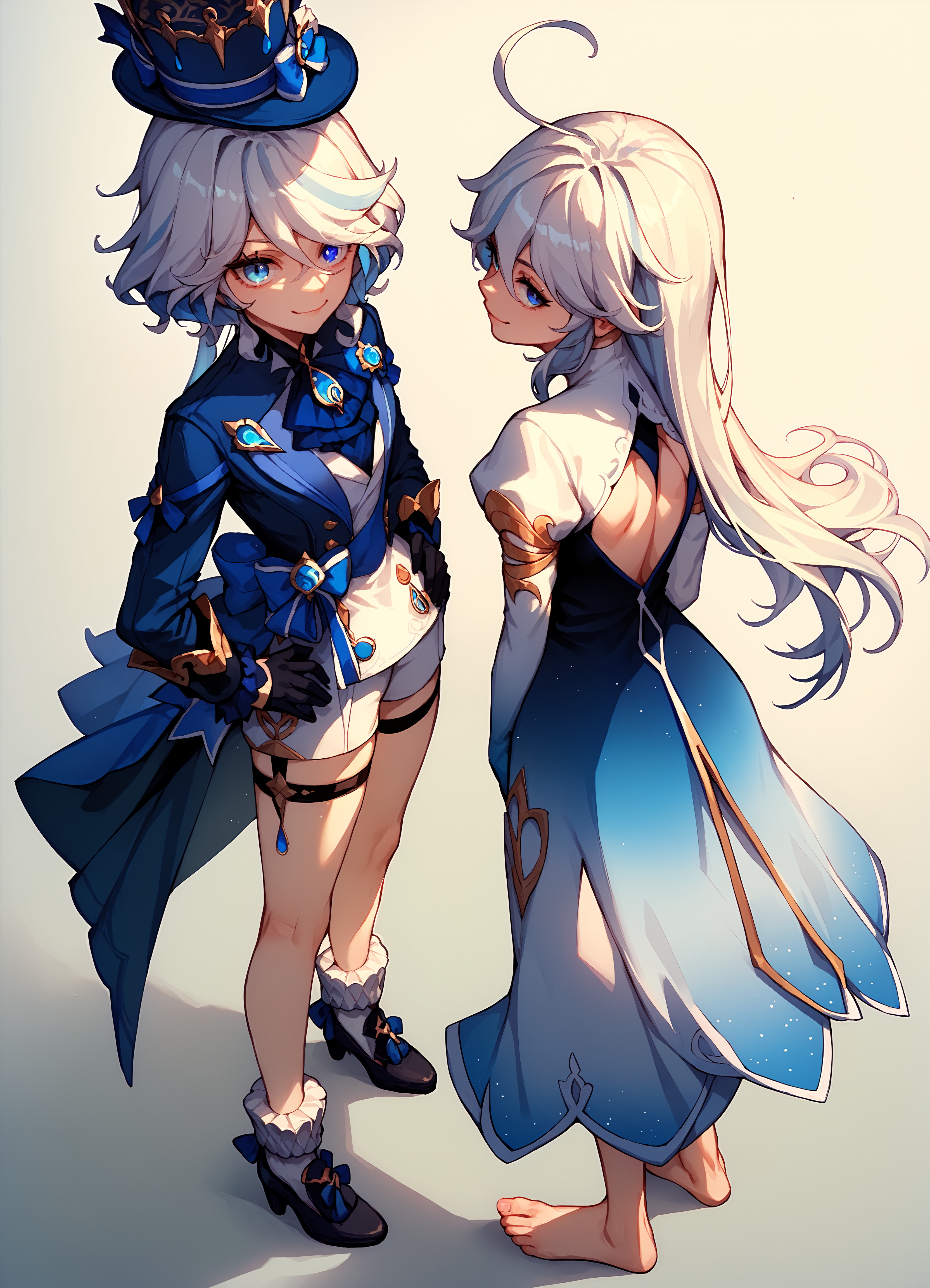 (score_9, score_8_up, score_7_up), 2girls, standing, (gradient background), from above ADDCOMM
<lora:furina-giPO-v1b:0.9>, 1girl, furina, heterochromia, blue hat, gloves, thigh strap, white socks, blue heels, smile, closed mouth, hand on own hip, looking at viewer BREAK
1girl, focalors, cutout dress, long sleeves, barefoot, from behind, looking back, smile, closed mouth, arms behind back,