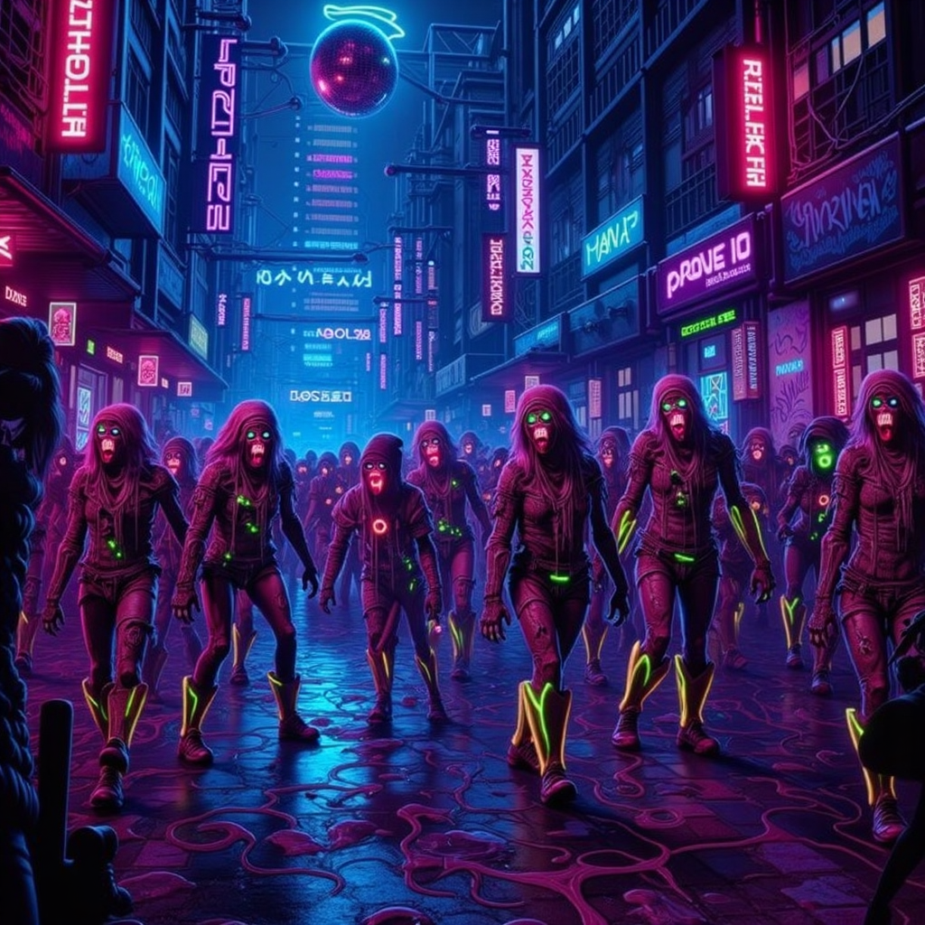 concept art horror-themed Dark Fantasy Art, <lora:Undead Apocalypse v1:1> und34dpsy, In a neon-lit city, undead ravers wearing tattered glowstick-covered ravewear stumble through the streets, tripping balls. Their eyes spin like spirals, and their tongues are rainbow snakes. The background pulses with liquid graffiti, sound waves visible in the air. A disco ball hovers overhead, spinning in reverse time. Colors clash and vibrate, like a hallucination gone wrong. The undead groove to music only they can hear., dark, moody, dark fantasy style . eerie, unsettling, dark, spooky, suspenseful, grim, highly detailed . digital artwork, illustrative, painterly, matte painting, highly detailed