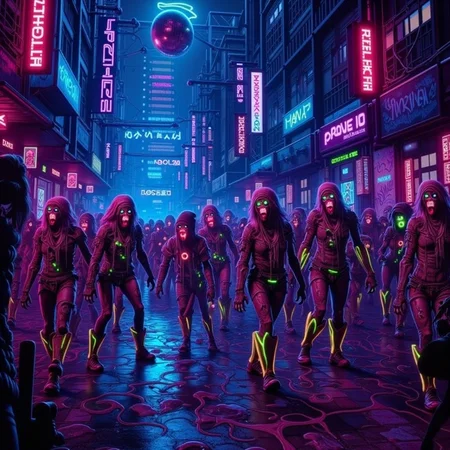 concept art horror-themed Dark Fantasy Art, <lora:Undead Apocalypse v1:1> und34dpsy, In a neon-lit city, undead ravers wearing tattered glowstick-covered ravewear stumble through the streets, tripping balls. Their eyes spin like spirals, and their tongues are rainbow snakes. The background pulses with liquid graffiti, sound waves visible in the air. A disco ball hovers overhead, spinning in reverse time. Colors clash and vibrate, like a hallucination gone wrong. The undead groove to music only they can hear., dark, moody, dark fantasy style . eerie, unsettling, dark, spooky, suspenseful, grim, highly detailed . digital artwork, illustrative, painterly, matte painting, highly detailed