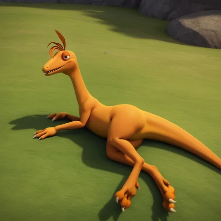 score_9, score_8_up, score_7_up, score_6_up, score_5_up, score_4_up, source_furry, dtmrconductorv2, semi-anthro, male, Troodon, orange skin, brown eyes, dinosaur, feather hair, bedroom eyes, seductive, lying, on side, outside, on grass