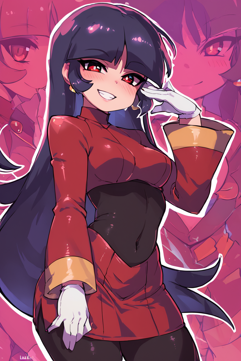 score_9, score_8_up, score_8, medium breasts, (curvy), cute, eyelashes,       BREAK, , ,,,   zzSabrina, red eyes, long hair, blunt bangs, sabrina (pokemon), purple hair, pantyhose, black hair, long sleeves, red skirt,  white gloves, black bodysuit,  ,<lora:Sabrina_Pokemon_PDXL:0.8>, ,,, , BREAK, smile, looking at viewer, cowboy shot, ,,, embedding:zPDXL, Expressiveh, ,,, <lora:Zankuro_Style_PDXL:0.8> <lora:SDXLFaeTastic2400:0.5>, <lora:Expressive_H-000001:0.4>,