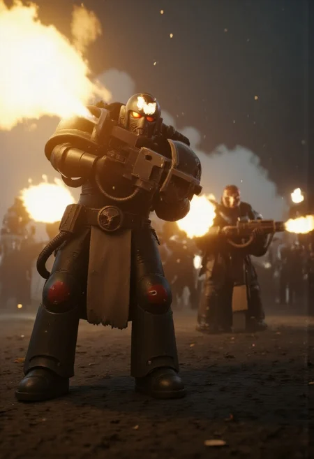 Absurdres, score_9_up, source: Games Workshop, a Salamanders chapter astartes in armor and full helmet firing a heavy flamer, flamethrower, smokey and atmospheric scene, battlefield, environmental particle effects, lifelike, Project Unreal Engine