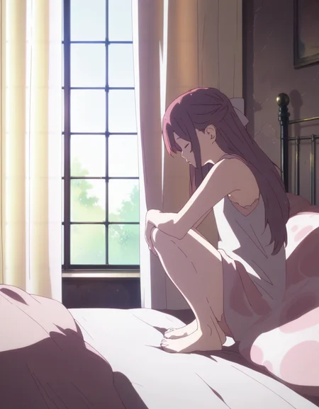 score_9,  score_8_up, score_7_up, source_anime, <lora:rin-ponyxl:0.9> rnshltr,
1girl, solo, sitting, barefoot, closed eyes, day, indoors, pillow, window, bed, curtains, blanket, hand on knees, bedroom, morning