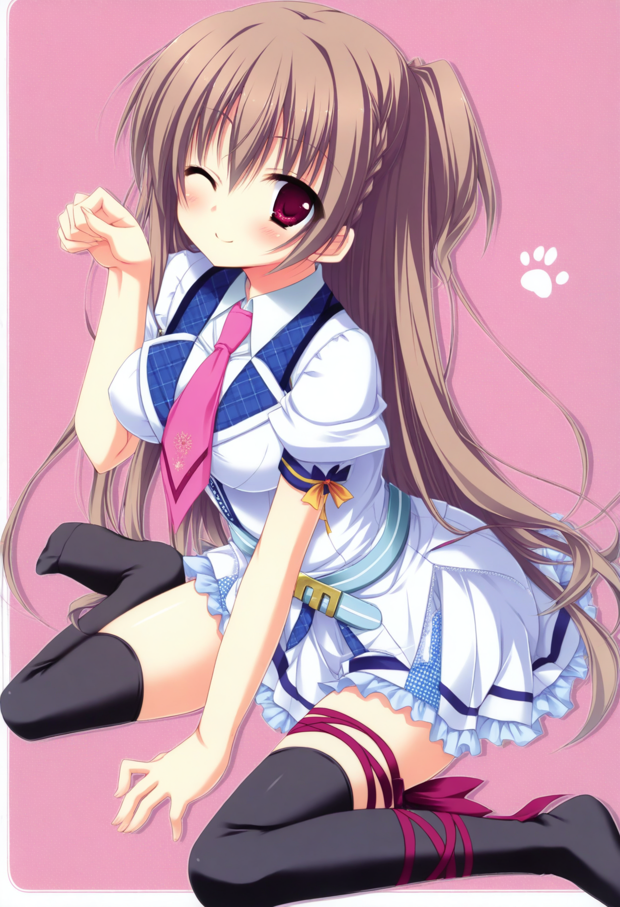 masterpiece, 1girl, solo, c-narumi, red eyes, long hair, brown hair, red brooch, school uniform, pink necktie, short puffy sleeves, light blue belt, thigh ribbon, black thighhighs, looking at viewer, simple background, smile, blush, wariza, from side, paw pose, hand between legs, one eye closed, feet,