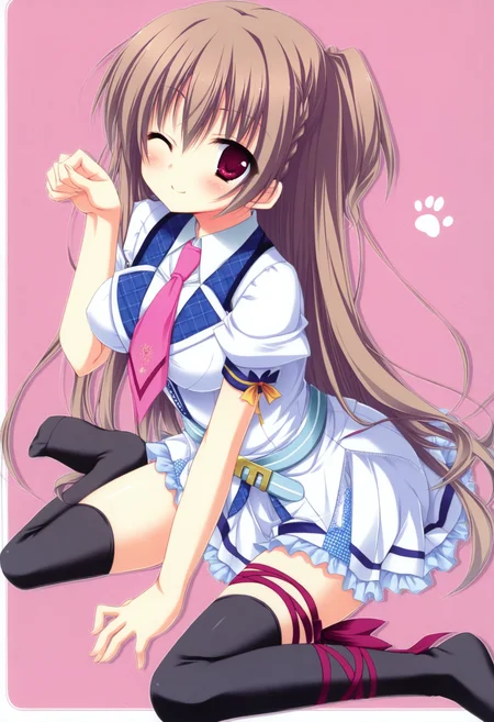 masterpiece, 1girl, solo, c-narumi, red eyes, long hair, brown hair, red brooch, school uniform, pink necktie, short puffy sleeves, light blue belt, thigh ribbon, black thighhighs, looking at viewer, simple background, smile, blush, wariza, from side, paw pose, hand between legs, one eye closed, feet,