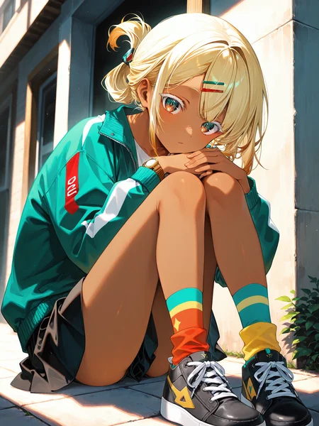 siiqa vivi, shuri \(84k\), <lora:PizzaCR2XL:1>, PCo_CR, 1girl, dark skin, medium hair, hairclip, two-tone eyes, wristwatch, folded ponytail, white shirt, two-tone jacket, green jacket, multicolored socks, black sneakers, cross-laced footwear, black skirt, 
<lora:cfg_scale_boost:0.5> [lazypos], <lora:spo_sdxl_10ep_4k-data_lora_webui:0.4> white eyelashes, looking at watch, hirai_yuzuki, bored