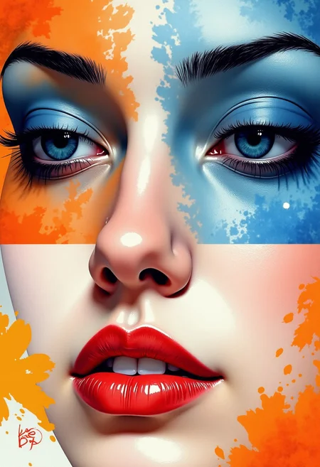 This is a highly detailed digital artwork featuring a close-up of a woman's face, presented in a symmetrical, mosaic-like composition. The image is divided into four quadrants, each showcasing different hues and textures. (1) The top left quadrant displays her right eye, closed with long, dark eyelashes, and a soft blue hue. (2) The top right quadrant highlights her left eye, similarly closed, with a striking blue shade. (3) The bottom left quadrant features her nose and part of her mouth, painted in a pale blue with a smooth gradient. (4) The bottom right quadrant captures her lips, full and painted in a glossy, deep red.
(All) The woman's skin appears smooth and flawless, with subtle highlights and shadows enhancing her features.
The background is a blend of warm and cool tones, including shades of orange, blue, and white, with abstract geometric shapes and splashes of color, creating a dynamic and vibrant effect. The overall style is a mix of realism and abstract art, with a focus on color and texture. The image uses the rule of thirds to balance the composition, drawing the viewer's eye to the woman's serene face. <lora:Illustration_V5:1>