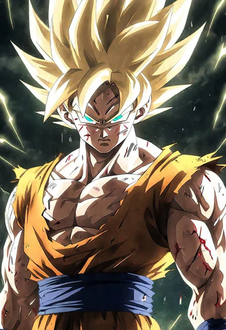 (Ultrarealist:1.5) (Son Goku Sayan:1.5) (Sayan Namek:1.3), (Clothes 100% Broken:1.5),8k,ultradetailed background, beautiful photography, (soft fur:1.3), expressive eyes, sunset glow, Serious, (solo:1.0)Lightning bolts,Posture(ultradetailed eyes:1.5)