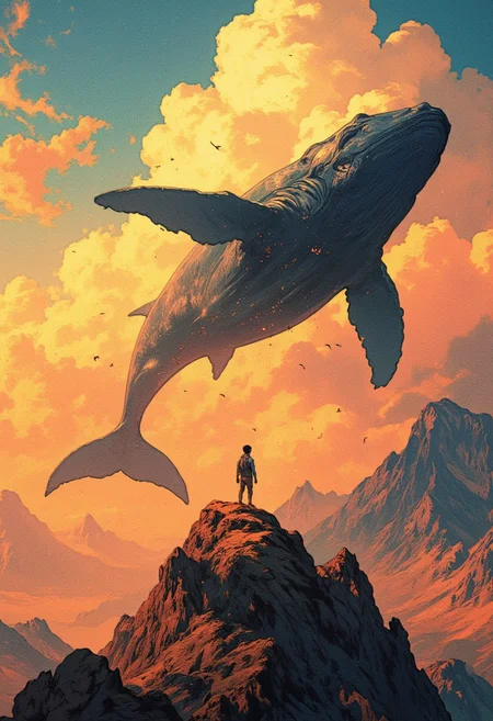 A breathtaking surreal scene of a giant whale soaring through the sky, surrounded by vibrant, golden-orange clouds during sunset. A young boy stands fearlessly on a rugged mountain peak, gazing at the majestic creature. The atmosphere is filled with a dreamy, magical light, highlighting the contrast between the massive whale and the small figure of the boy. Birds fly in the distance, adding depth to the ethereal landscape. High detail, cinematic lighting, fantasy art, ultra-realistic textures