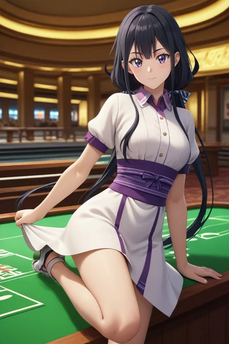score_9, score_8_up, score_7_up, source_anime, rating_safe, intricate details, (3d:0.4), looking at viewer, , 1girl, solo, <lora:aki_adagaki_pony:0.82>, aki_adagaki, black hair, purple eyes, long hair, bangs, twintails, low twintails, bow, cowboy shot, las vegas, casino, indoors, standing on one leg, giggling, ninja costume, <lora:sdxl_lightning_8step_lora:1>