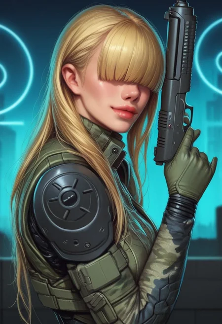 1girl, ((side view))), looking at viewer, highly detailed, from front, 1girl, skinny, looking at viewer, masterpiece, best quality,
raw, extremely detailed, hyperrealism, photo, perfect anatomy, <lora:grewishka_alita_pxl:1> source_photo, source_real, robot, cyborg, android, solo, looking at viewer, 1girl, full body, ((special force camo armor)), high heels, neon_lights, dynamic pose, pistols in hands
BREAK
fang smile, looking at viewer, long hair, ((blonde highlighting hair)), (((hair over eyes, front bangs))), long hair, dynamic pose
best quality, depth of field, bokeh, (((full clothed))), ((special force camo armor)),
BREAK
((((big futuristic gun in hands)))), (big futuristic pistol in hands:1.3), sc-fi soldier, dynamic pose, military camo armor
(((((rooftop, night city, neon lights))))) score_9, score_8_up, score_7_up, score_6_up, source_cartoon, rating_explicit, Expressiveh, (((((upper body))))), dynamic pose