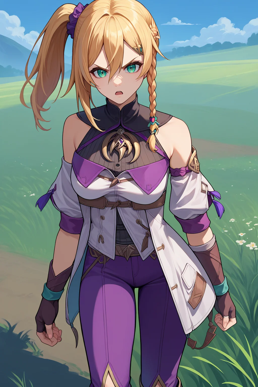 score_9, score_8_up, score_7_up, score_6_up, source_anime, 1girl, solo <lora:yskarja-pdxl-nvwls-v1-000005:1> ysKarja, blonde hair, green eyes, single braid, scrunchie, side ponytail, white coat, turtleneck, brooch, detached sleeves, purple pants, fingerless gloves, serious, open mouth, field, blue sky, looking at you, boots, full body