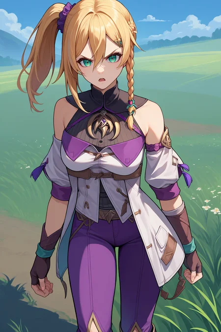 score_9, score_8_up, score_7_up, score_6_up, source_anime, 1girl, solo <lora:yskarja-pdxl-nvwls-v1-000005:1> ysKarja, blonde hair, green eyes, single braid, scrunchie, side ponytail, white coat, turtleneck, brooch, detached sleeves, purple pants, fingerless gloves, serious, open mouth, field, blue sky, looking at you, boots, full body