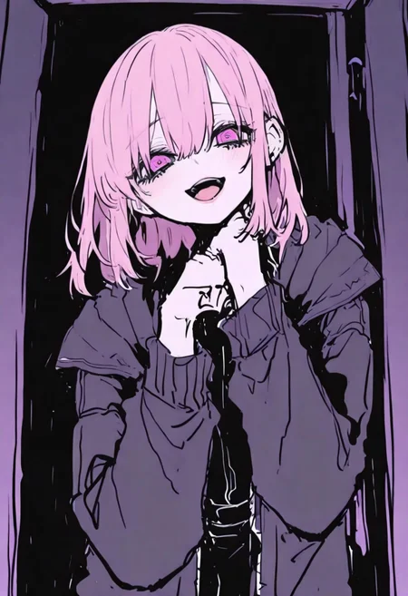 1girl, solo,
dynamic composition, yandere pose,

Yuno Gasai, pink hair, yandere expression,

Flatline, Flat vector illustration, jacket, ma1ma1helmes_b_illu,sketch, artist:moriimee