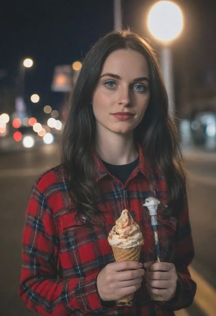 A 30yo woman eating a cone icecream. blue eyes. perfecteyes
Wearing Jeans and Plaid red shirt with a hat/cap red.
Long dark black slick back hair. No makeup.
Night time, Street light.
Looking at camera POV.
Medium Close Up shot.
Bokeh. Bokeh light.
Blurred background.
