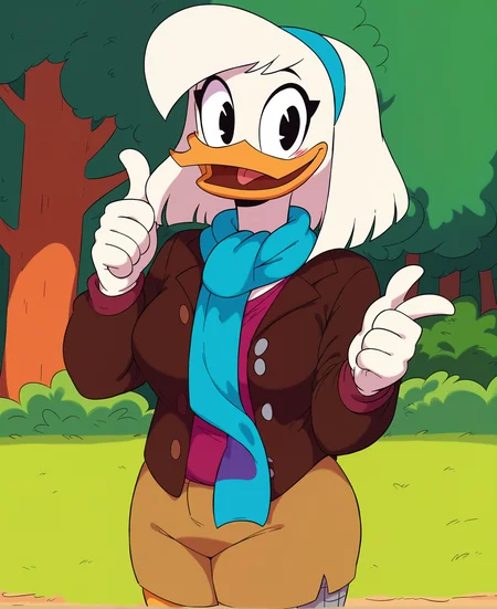 score_9, score_8_up, score_7_up, score_6_up, best quality, highres, source_furry, BREAK
ppp:0.7 drockdraw BREAK
1girl, outside, grass, tree, mature female, solo, furry, duck, della duck, beak, white skin, white body, white hair, shoulder length hair, hair band, smile, suit jacket, bomber jacket, teal scarf, tan shorts, black eyes, thumbs up, looking at viewer, orange legs, cybernetic leg, standing, happy, smile, blush, looking at viewer, open smile, tongue, breasts, looking at viewer, <lora:Drockdraw_Style:0.7> < <lora:Della_Duck:0.7>