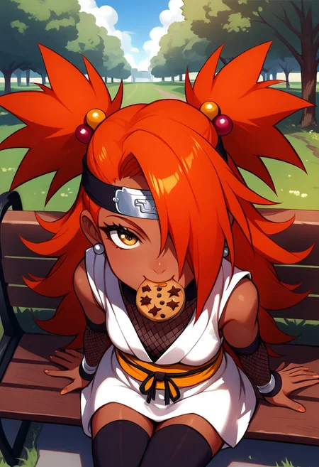 score_9, score_8_up, score_7_up, score_6_up, score_5_up, score_4_up, source_anime, rating_safe, chouchou akimichi, 1girl, dark-skinned female, (toned body, navel:0.7), orange hair, hair over one eye, two side up, long hair, yellow eyes, satisfied, enjoying food, happy, hair bobbles, white kimono, short kimono, sleeveless kimono, yellow obi, orange sash, fishnets, detached sleeves, black thighhighs, forehead protector, jewelry, earrings, eating, cookie, food in mouth, looking at viewer, sitting, park bench, grass, cowboy shot, front view, polyle