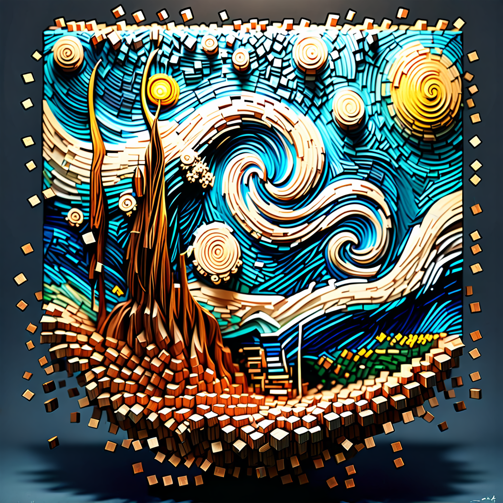 pixel-art cinematic film still professional 3d model “An abstract reinterpretation of Van Gogh’s iconic painting, transformed into a dynamic composition of wooden voxels. The vibrant swirls of ‘Starry Night’ dissolve into cascading cubes, each wooden block capturing a fragment of color and texture. The rolling hills and glowing stars break apart into geometric pieces, suspended in a delicate dance between chaos and cohesion. The wooden voxels, intricately carved and painted with Van Gogh’s signature brushstrokes, seem to rise and disperse from the canvas, creating a three-dimensional effect where the painting deconstructs into a mosaic of fragmented forms. The warm hues of blue, yellow, and green blend with the natural wood grain, capturing the essence of the original work while transforming it into a modern abstraction. Volumetric lighting enhances the depth and contrast, casting shadows that highlight the interplay between the wooden fragments and the familiar imagery. The swirling forms of the night sky and the cypress tree are reimagined as a captivating mosaic of wooden cubes, an homage to Van Gogh’s masterpiece in a new, deconstructed form.” . octane render, highly detailed, volumetric, dramatic lighting . shallow depth of field, vignette, highly detailed, high budget, bokeh, cinemascope, moody, epic, gorgeous, film grain, grainy . low-res, blocky, pixel art style, 8-bit graphics