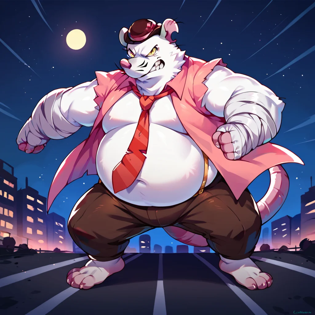 score_9, score_8_up, score_7_up, score_6_up, score_5_up, score_4_up, source_cartoon, <lora:Camo_Breeze_In_The_Clouds_PonyXL:1> camo, rat, white skin, pink vest, tie, hat, yellow eyes, chubby, fat, action pose, city background, night time,