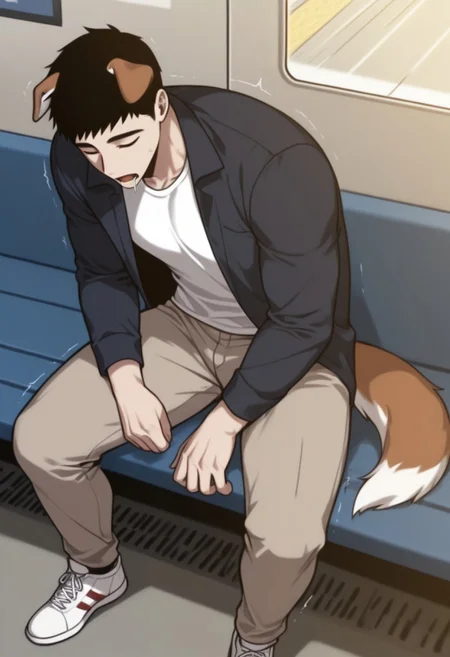 masterpiece, best quality, amazing quality, very aesthetic, absurdres, newest, detailed background, warm natural lighting, lively and bustling atmosphere, background details visible, shiny skin, indoor, train station, chinese background,
hyunsunglee, 1boy, solo, male focus, short hair, sleeping, muscle body, t-shirt, blazer, brown pants, sneaker, saliva, sitting on bench, motion lines, twitching, ((dog ear:1.2), (long dog tail:1.2), beagle)