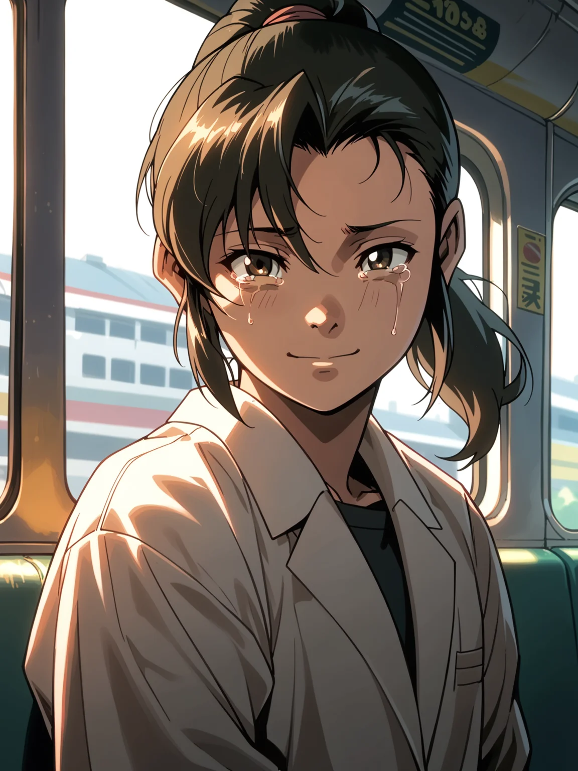 <lora:happy_tentacle-fabiola-v0.2-000026:1>, ht_fabiola, ponytail, , , (upper body, solo:1.1) (petite:1.2), <lora:Shed_The_Skin's StS_age_slider_v1_initial_release:-1.1> ( , (crying with eyes open:0.8) , ( exhausted :1.2) , smile , (looking at viewer:0.6) :1.2) , indoors, ((day :0.6), (cloudy sky:0.6) :0.8), ( window :0.9), (furniture:0.9), loaded interior , , , people , ( :0.8), train interior, alley, formal (( from below :1.3) :0.8) score_9, score_8_up, score_7_up, score_6_up, score_5_up, score_4_up, [(realistic, photorealistic:1.2):(realistic:1.2):14], [(3d:1.2)::12], <lora:LUUNA's Lunas-NijiJourney-SDXL-B2:0.5>, nijijourney <lora:prgfrg23's Counterfeit-V3.0 Style SDXL_LoRA_Pony Diffusion V6 XL:0.5> <lora:mfcg's mfcgXL:0.12> <lora:reweik's gyokai(himehajime)_PonyXL_style_v01:0.14>