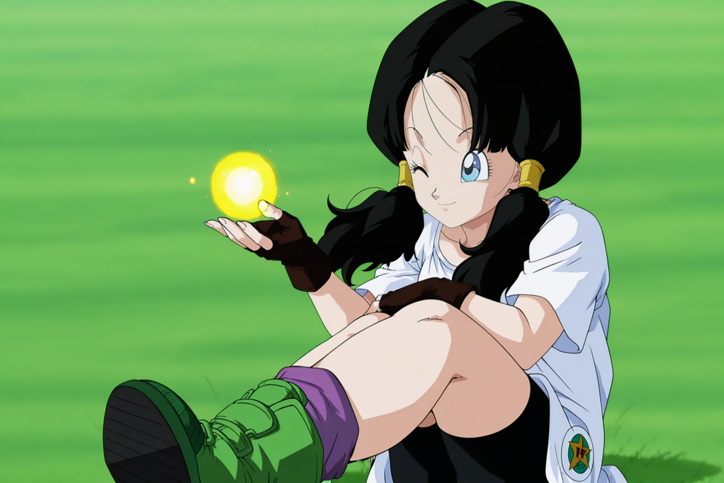 anime screencap, absurdres, high quality, official style, 
videl, costume 1, official style, 1girl, solo, black hair, twintails, long hair, hair tubes, raised eyebrows, one eye closed, blue eyes, eyelashes, white long shirt, short sleeves, brown gloves, fingerless gloves, bike shorts, loose socks, purple legwear, ankle boots, multi tone footwear, green footwear, grass, field, hand on own leg, closed mouth, smile, happy, energy ball, looking at hand, crossed ankles, knees to chest, shoe soles, fingernails, sitting, outdoors, dappled sunlight, wind, blurry background, 
 <lora:Videl:0.8>