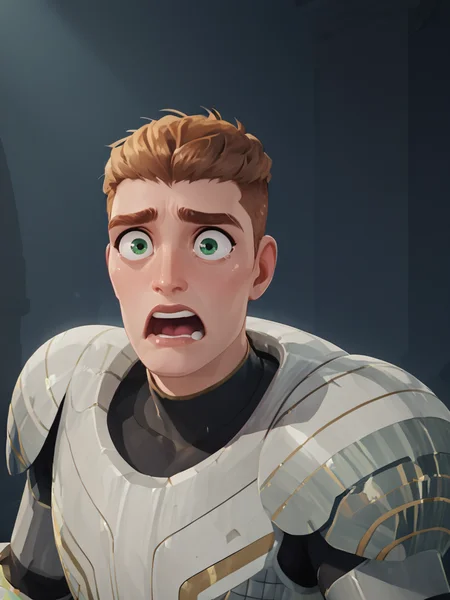 portrait of thod_sb man, <lora:Thoddeus_Sureblade_Nimona:.8> light brown hair, short hair, green eyes, armor, wide eyed, scared, dark lighting, manly,, score_9, score_8_up, score_7_up, <lora:Smooth Anime 2 Style SDXL_LoRA_Pony Diffusion V6 XL:.3> <lora:add-detail-xl:.8> zPDXL3,