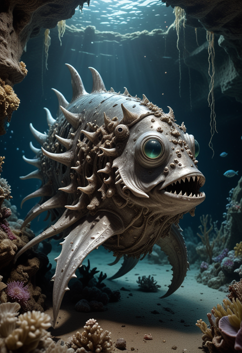 (medium full shot) of (peculiar silver aquatic creature) with mottled skin, shell-like armor, tentacle-like fins, fangs, additional fins, luminescent eyes, adorned with ancient barnacles, set in  a mystical sunken ship, with hidden chambers, glowing flora, tranquil ambiance, hidden beauty, during twilight, Masterpiece,best quality, photo, realistic, very aesthetic,