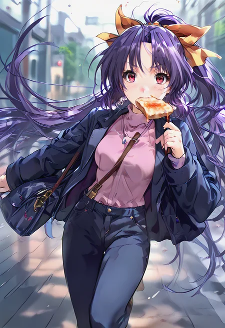 <lora:trumkuu_Pv11-000030:1>, ntrkuu, 1girl, hair bow, long hair, ponytail, purple hair, shirt, solo, turtleneck, very long hair, <lora:Running_with_food_in_mouth:1> running with food in mouth,, BREAK score_9, score_8_up, score_7_up, score_6_up, source_anime, best quality,