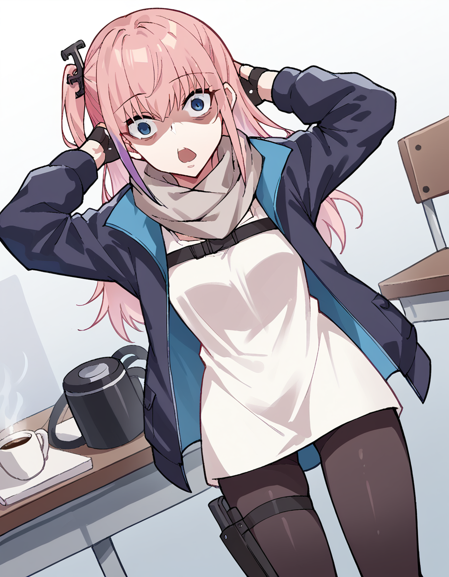 score_9, score_8_up, score_7_up, source_anime, <lora:girlsfrontline-st-ar-15-ponyxl-lora-nochekaiser:1>, st ar-15, blue eyes, hair ornament, long hair, multicolored hair, one side up, streaked hair, pink hair, purple hair,, asymmetrical legwear, black pantyhose, black socks, dress, fingerless gloves, gloves, grey scarf, holster, jacket, pantyhose, scarf, shirt, single leg pantyhose, single thighhigh, strap, thigh holster, thigh strap, thighhighs, uneven legwear, white shirt,, staff room, table, chairs, coffee machine, relaxation, , <lora:shocked-black-guy-ponyxl-lora-nochekaiser:1> shocked black guy, open mouth, looking at viewer, hands behind head, shaded face,, looking at viewer, solo,, dutch angle, cowboy shot