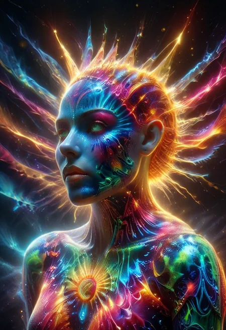 a full body fire entity girl with multicolored flames, purple and blue lights, green and blue flames, pink energy electric eyes, professional photography of an fantastical creature, young woman, shaved head Finely detailed, in a solarpunk environment, looking at viewer, solo, headwear removed, realistic, night blue sky, own hands, spooky makeup, entirely made of stars and galaxies, cyber light trails with whimsical elements, swirling magic, eerie fairytale landscape, elaborate fantasy style art, very colorful, intricate details, ultra sharp, exquisite detail, flawless composition, vivid colors, masterpiece, exciting background, psychedelicai, made out of,colorful,liquid,Murano Art Glass, GlowingInk, mad-glowtiedye, glowneon, glowing, sparks, lightning