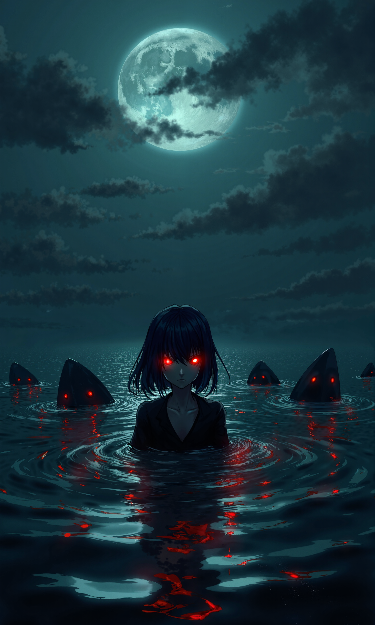 In a cinematic wide shot, reminiscent of Akira Kurosawa's dramatic style, a lone figure of Mona from Genshin Impact stands partially submerged in dark, wind-rippled water, surrounded by ominous shark fins and glowing red eyes with slit pupils, evoking an air of foreboding tragedy. Her smug expression, with a hint of yandere intensity, is accentuated by a slight head tilt as she looks up at the viewer with an unblinking gaze, her closed mouth a picture of enigmatic calm. The nighttime setting is defined by a detailed, high-contrast background with deep shadows and highlights, illuminated by a mix of cool blue moonlight and warm golden ambient light, casting an ethereal glow on the rippling water's surface, which reflects the dark sky like a mirror. A subtle film grain and muted color grading add a sense of gritty realism, while the overall atmosphere is heavy with tension and unease. The painting is in the style of umesky<lora:ume_sky_v2.safetensors:0.8:0.8>