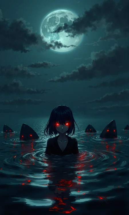 In a cinematic wide shot, reminiscent of Akira Kurosawa's dramatic style, a lone figure of Mona from Genshin Impact stands partially submerged in dark, wind-rippled water, surrounded by ominous shark fins and glowing red eyes with slit pupils, evoking an air of foreboding tragedy. Her smug expression, with a hint of yandere intensity, is accentuated by a slight head tilt as she looks up at the viewer with an unblinking gaze, her closed mouth a picture of enigmatic calm. The nighttime setting is defined by a detailed, high-contrast background with deep shadows and highlights, illuminated by a mix of cool blue moonlight and warm golden ambient light, casting an ethereal glow on the rippling water's surface, which reflects the dark sky like a mirror. A subtle film grain and muted color grading add a sense of gritty realism, while the overall atmosphere is heavy with tension and unease. The painting is in the style of umesky<lora:ume_sky_v2.safetensors:0.8:0.8>