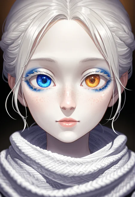 1girl, close-up, facing viewer, symmetrical face, pale skin, heterochromia, high cheekbones, glossy lips, detailed eyes, soft eyelashes, natural freckles, subtle makeup, intricate hairstyle, silk scarf, studio background, cinematic lighting, soft shadows, depth of field
ILXLpos,