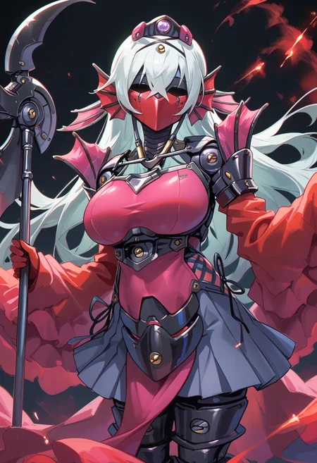 (score_9:0.9),score_8_up,score_7_up,rating_explicit,(zPDXL),(zPDXL3),
<lora:Tearlaments Kashtira PonyXL v1:0.73>,tearlaments kashtira,black tiara,red detached sleeves,red dress,1girl,solo,large breasts,sleeves past wrists,looking at viewer,red mask,standing,holding scythe,scythe,robot,mechanical mermaid,black pleated skirt,science fiction,machinery,no eyes,